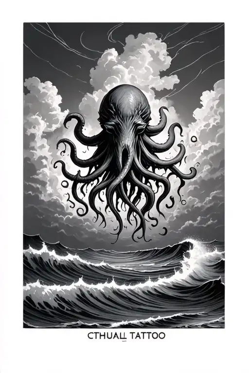 Cthulhu in the sky over a sea with crashing waves tattoo design idea