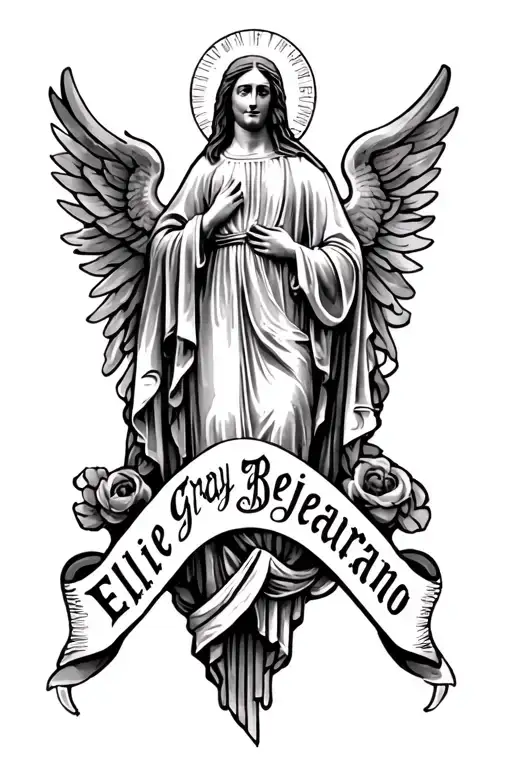 "Ellie gray Bejarano Jesus " "Ellie gray Bejarano " "Ellie gray Bejarano "  Virgin Mary banner tattoo design idea
