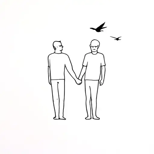 A minimalist tattoo of a father and grandfather holding hands, with a subtle outline of a bird flying above them, symbolizing family and the client's love for birds tattoo design idea