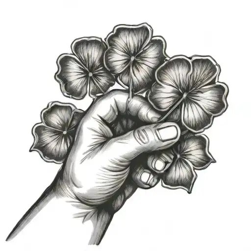 baby hand holding 4 leaved clover with thumb and index finger pointing out tattoo design idea