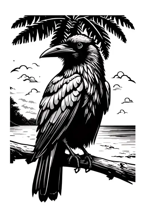 raven perched with palm tree and beach scene tattoo design idea
