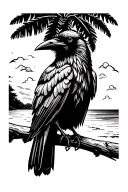 raven perched with palm tree and beach scene tattoo design idea