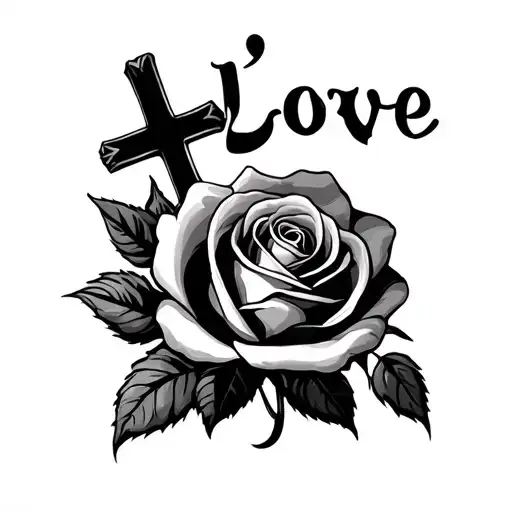"Love " masc rose with a cross hanging upside tattoo design idea