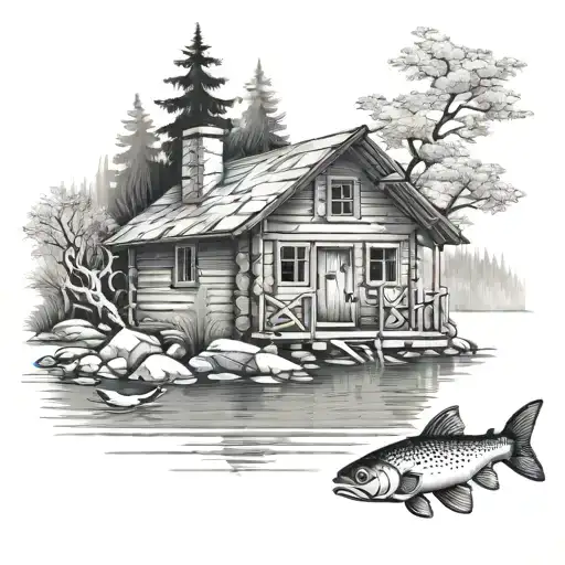 small cabin in ever green woods near flowing river with small fish swimming in river  tattoo design idea