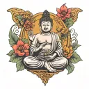 budha with spaner and siringe in hands holding tattoo design idea