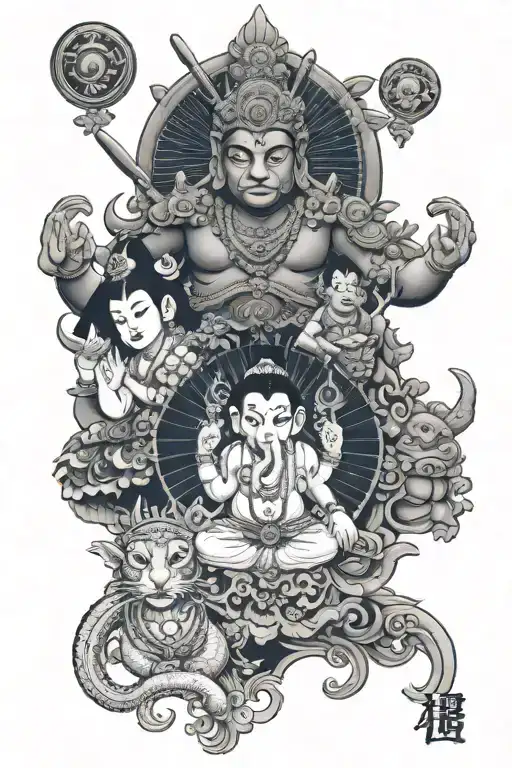 Hanuman and Krishna and Lord Rama and Ganesha at the universe tattoo design idea