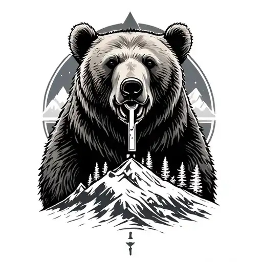 Nature Mountain Bear & Cross combine tattoo design idea