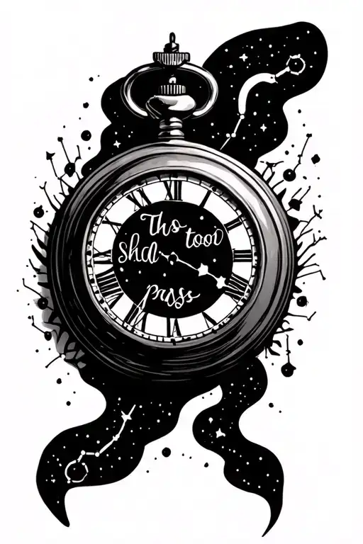 This too shall pass with pocket watch surrounded by constellations tattoo design idea