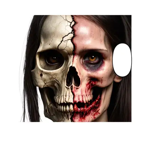 Realistic image of half skull, half face of woman in horror gore style with textures like deep cracks and skin decomposi tattoo design idea