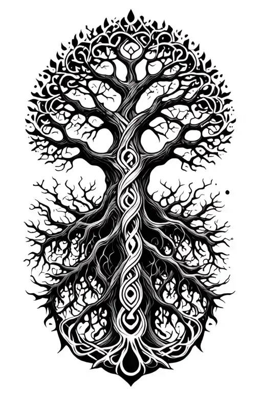 Intricate tattoo sleeve design featuring the World Tree Yggdrasil. Its roots and branches are formed by intertwined elde tattoo design idea