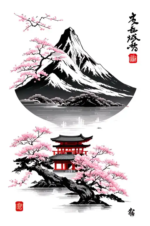 A mountain in the background with a river, sakura and a Japanese tori in the foreground tattoo design idea