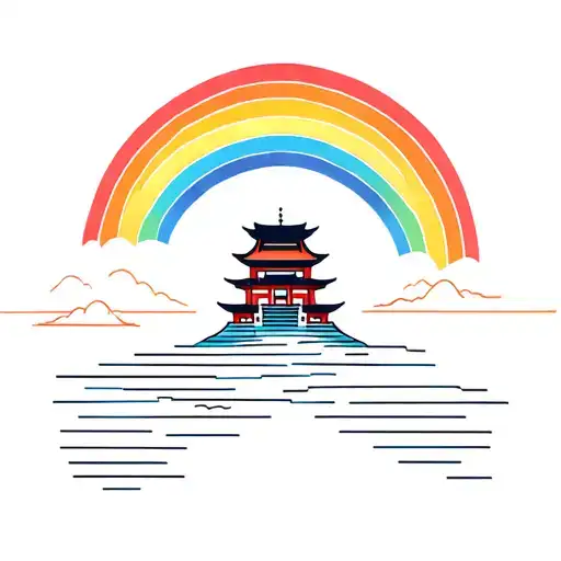 Korean temple, rainbow above and sea below.  in one fine line very minimalistic - all together 3 lines for each element  tattoo design idea