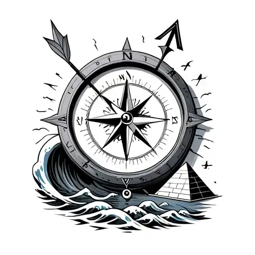 compass tattoo with a small M letter in the middle of compass, and one long arrow, plus Pyramid and Ocean Wave. tattoo design idea