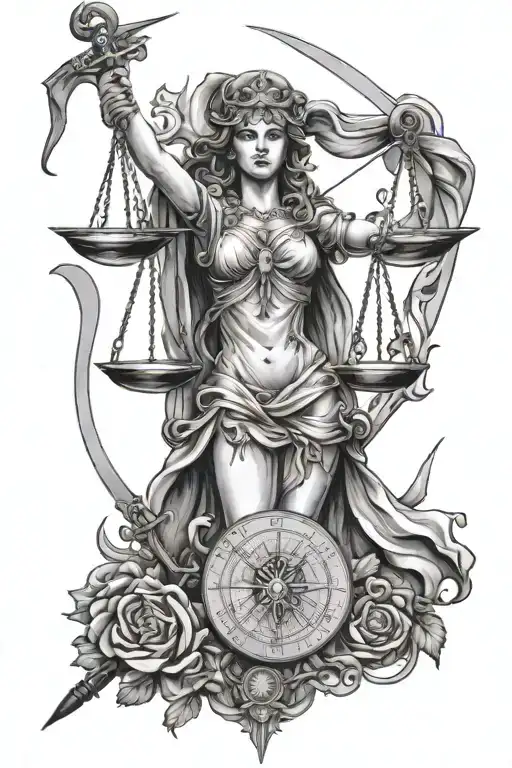 lady justice with crossed muskets and a compass tattoo design idea