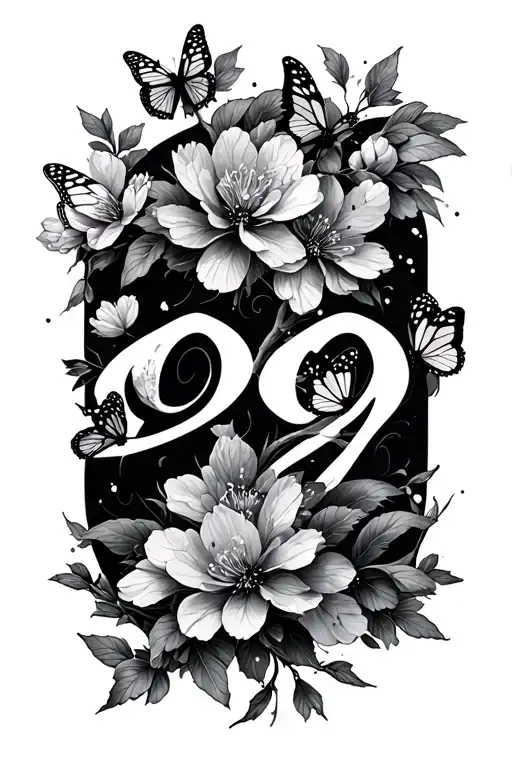 numbers 999 surrounded by cherry blossoms and butterflies  tattoo design idea