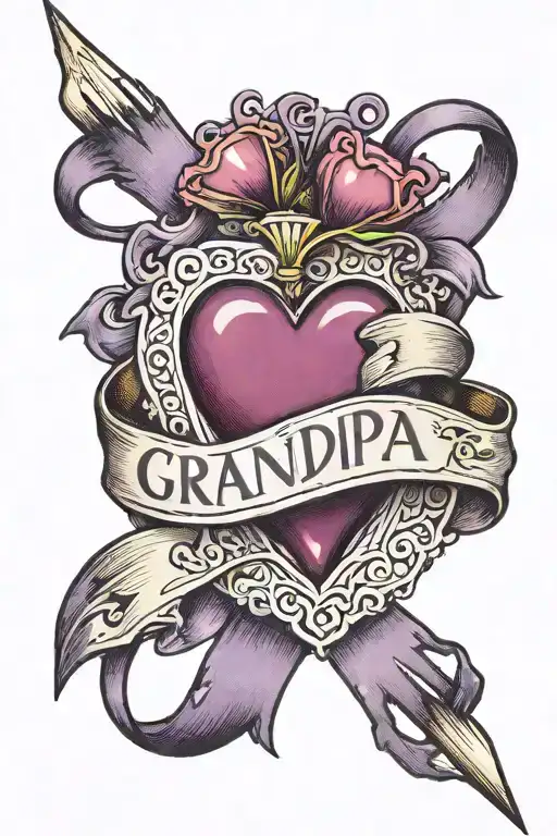 Purple Heart realistic ribbon around saying grandpa 7/14/48 - 10/5/24 tattoo design idea