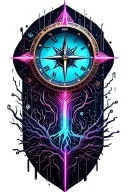 tree with time clock and compass wirh lighting  tattoo design idea