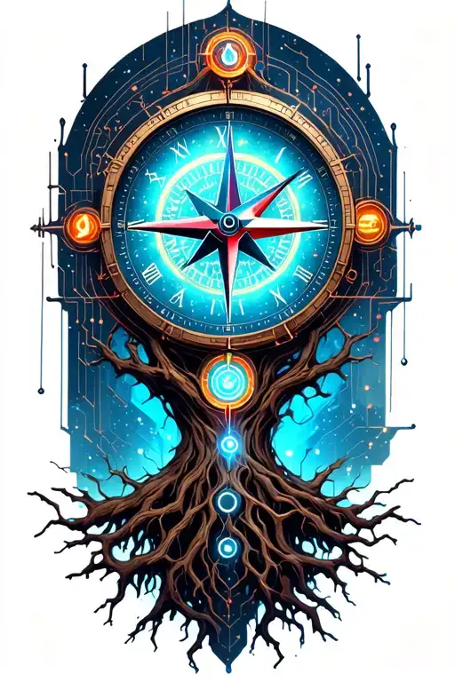 tree with time clock and compass wirh lighting  tattoo design idea