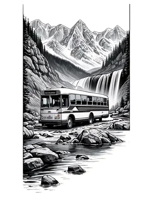 yelliwstone national park with old tour bus, mountains, waterfall, make bus smaller tattoo design idea