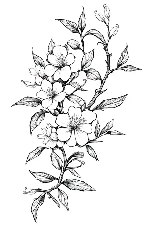 a winding botanical line work vine incorporating olive branch and jasmine flowers  tattoo design idea