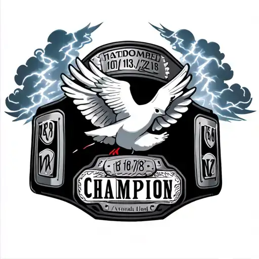 dove and clouds with lightning striking a champion belt that has the dates 10/8/1938 to 1/13/2025 tattoo design idea