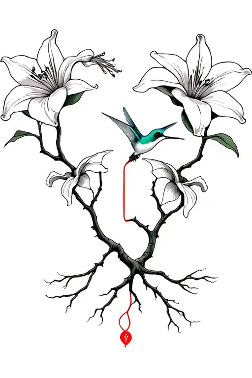 roots of a tree of life with 2 lilies and a hummingbird and a Japanese red thread that connects them tattoo design idea
