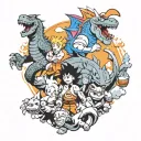 A collage of iconic characters from Godzilla, One Piece, and Dragon Ball Z in a new-school style tattoo design idea