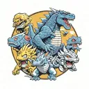A collage of iconic characters from Godzilla, One Piece, and Dragon Ball Z in a new-school style tattoo design idea