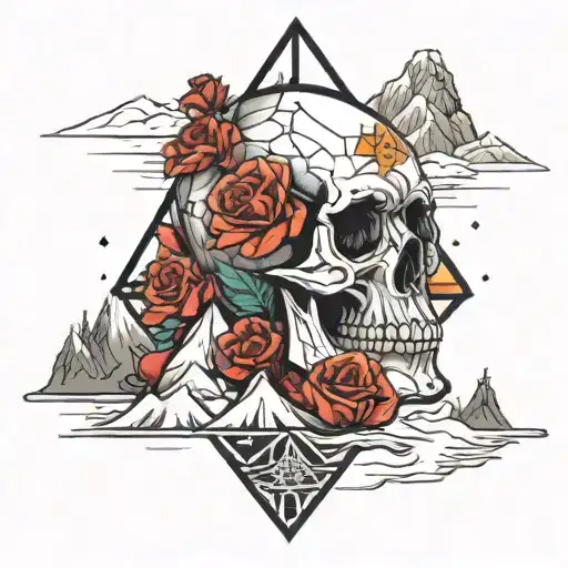 A snowboarder carving through a geometric mountain landscape with a skull and rose incorporated into the design tattoo design idea