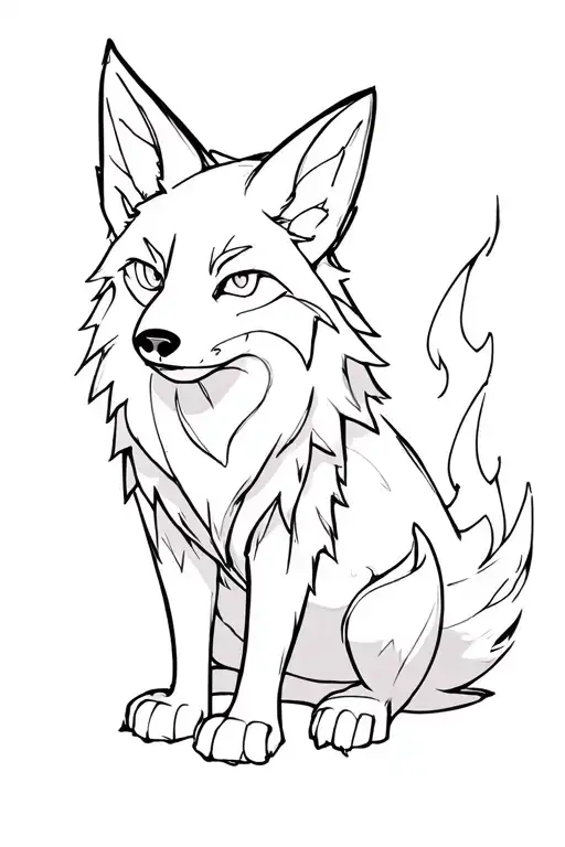 A fox-wolf hybrid sitting sideways. It must have flaming tail. tattoo design idea