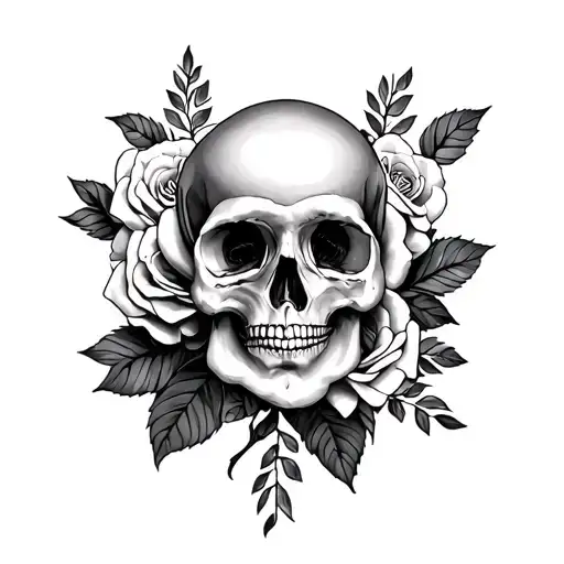 front facing shull with roses and flowers intertwined tattoo design idea