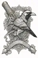 a Roman sword where the hilt and guard are intricately crafted to resemble a magpie. a magpie head as the pommel tattoo design idea