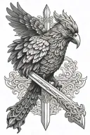 a Roman sword where the hilt and guard are intricately crafted to resemble a magpie. a magpie head as the pommel tattoo design idea