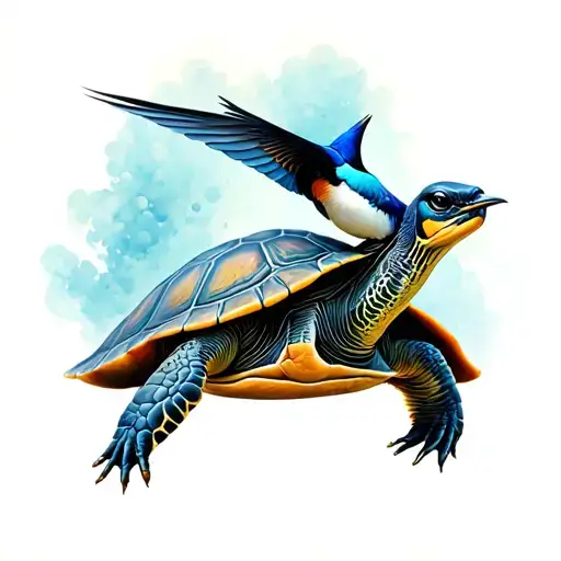 Turtle with a swallow in the shell tattoo design idea