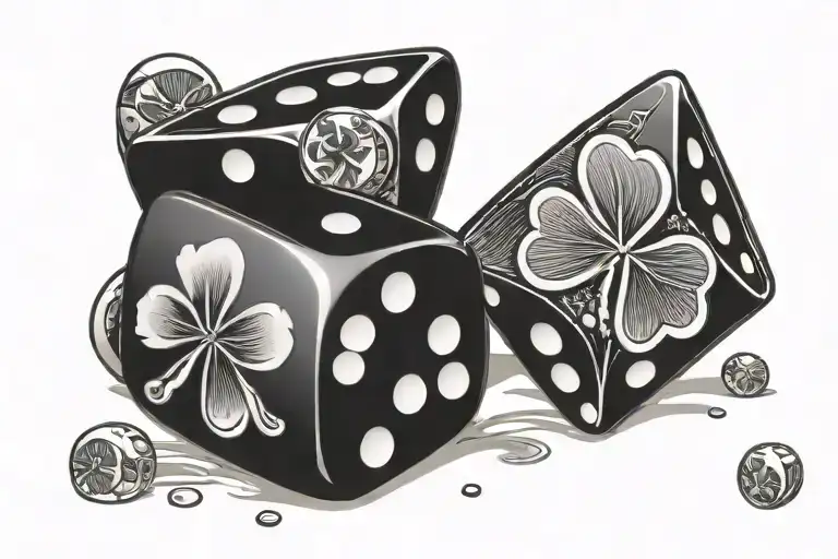 pair of dice. a four leaf clover on one die, a lucky penny on the other die tattoo design idea