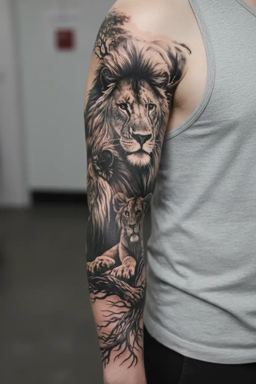 A lion family with sunset jesus and Neymar Jr full sleevee  tattoo design idea