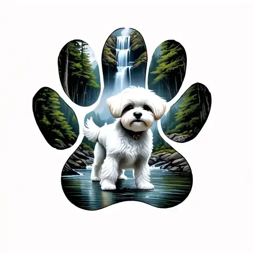 shitzu bichon standing in a forest with a waterfall with and it's all inside of a paw print tattoo design idea