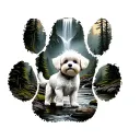 shitzu bichon standing in a forest with a waterfall with and it's all inside of a paw print tattoo design idea