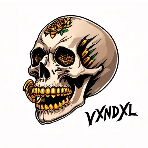skull with gold teeth with eyebrow tattoo that says VXNDXL tattoo design idea