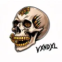 skull with gold teeth with eyebrow tattoo that says VXNDXL tattoo design idea