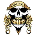 skull with gold teeth with eyebrow tattoo that says VXNDXL tattoo design idea