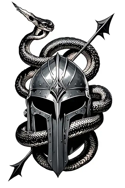 Ares helmet surrounded by snakes wrapped, arrow through helmet, battle worn tattoo design idea