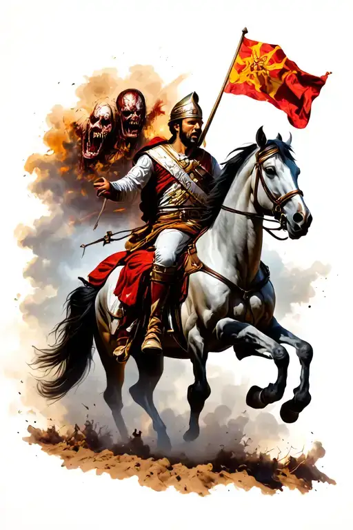 Roman general on his horse fighting a horde of zombie tattoo design idea