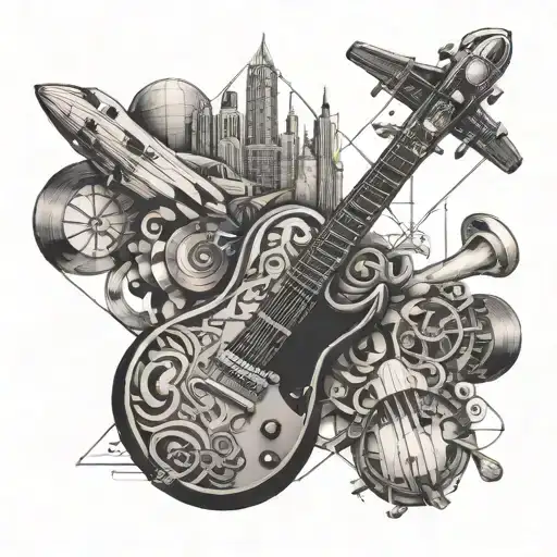 A geometric design incorporating musical instruments and airplane parts in a blackwork style tattoo design idea