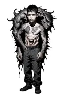 A Boy Standing in clothes With a giant Scary Demon Wrapped Around His body tattoo design idea