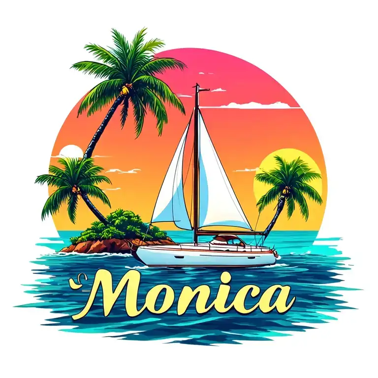 "Monica" "Monica" foreground white sailboat, sunrise sky small background distant island with 2 palm tree.  ocean vibrant colors tattoo design idea