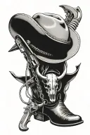bull skull, cowboy hat, barbwire, revolver, cowboy boots tattoo design idea