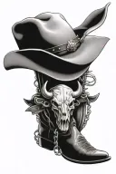 bull skull, cowboy hat, barbwire, revolver, cowboy boots tattoo design idea