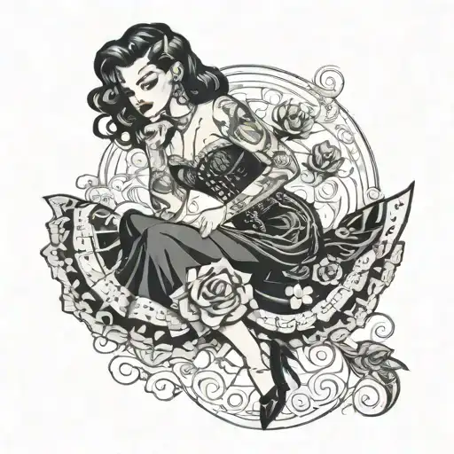 goth pin up girl in skirt and crop top tattoo design idea
