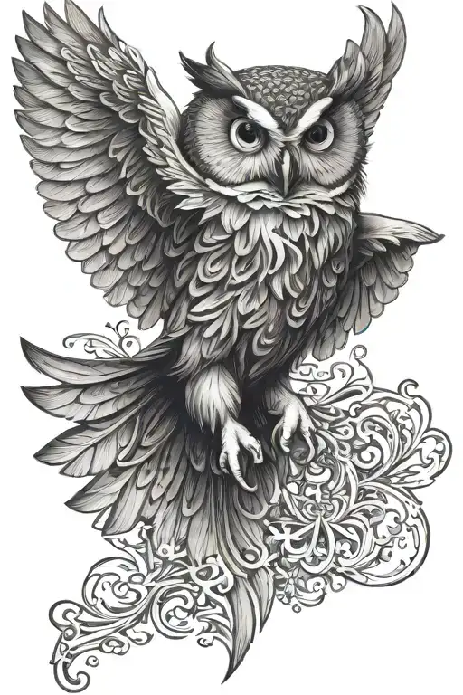 owl flying towards with filagree tattoo design idea